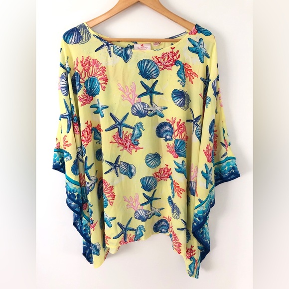 Quacker Factory Women Plus Caftan Top Yellow Seascape Poncho Rhinestone Size 3X - Picture 1 of 6